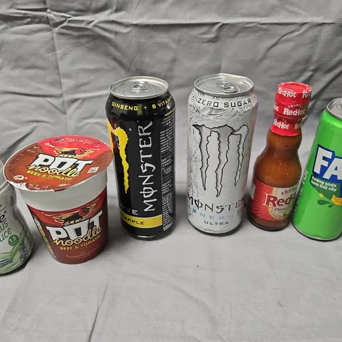 APPROXIMATELY 10 ASSORTED FOOD/DRINK PRODUCTS TO INCLUDE FANTA, POP NOODLE, MONSTER DRINKS ETC 