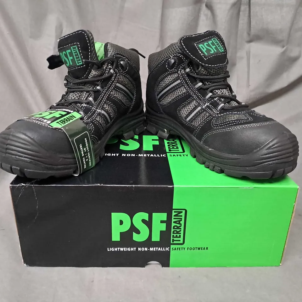 BOX OF APPROXIMATELY 10 BOXED PAIRS OF PSF terrain non-metallic SAFETY BOOTS IN BLACK SIZE 5