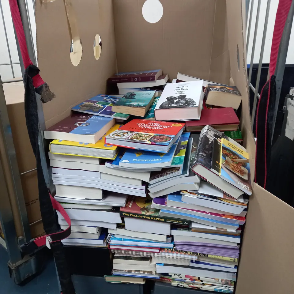 CAGE OF ASSORTED BOOKS TO INCLUDE THE RICHARDIAN VOLUME XXXII, MINECRAFT OFFICIAL WORKBOOK 8-9, NORMAN LEBRECHT THE SONG O NAMES, WINNIE & NELSON PORTRAIT OF A MARIAGE, AND THE SLIMMING FOODIE ETC. 