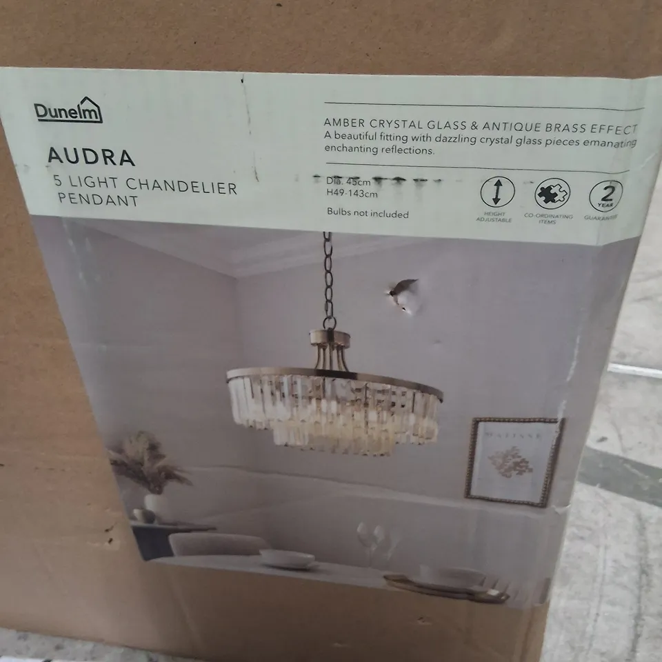 BOXED DUNELM AUDRA 5‑LIGHT PENDANT – AMBER CRYSTAL GLASS & ANTIQUE BRASS EFFECT