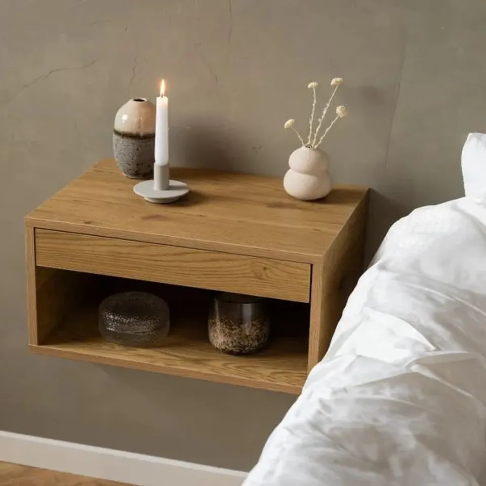 BOXED FURNITURE TO GO CHOLET 1 DRAWER SQUARE WALL MOUNTED BEDSIDE TABLE - OAK (1 BOX)