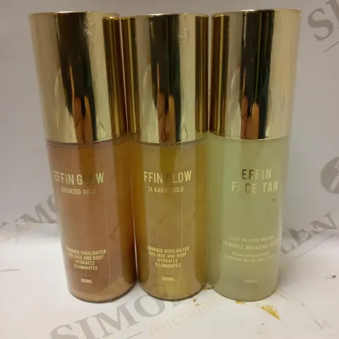 LOT OF 3 ASSORTED EFFIN PRODUCTS TO INCLUDE BUILDABLE BRONZING WATER FACE TAN, SHIMMER HIGHLIGHTERS - BRONZED GOLD & 24 KARAT GOLD