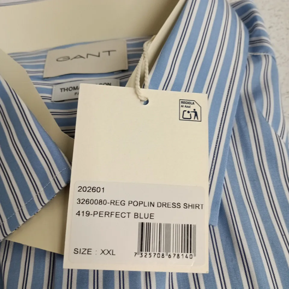 GANT MEN'S DRESS SHIRT – BLUE STRIPE POPLIN, SIZE XXL (THOMAS MASON FABRICS)