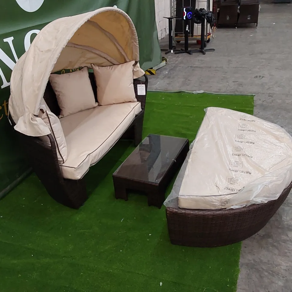 DESIGNER ROUND RATTAN SOFA WITH CANOPY AND SMALL TABLE