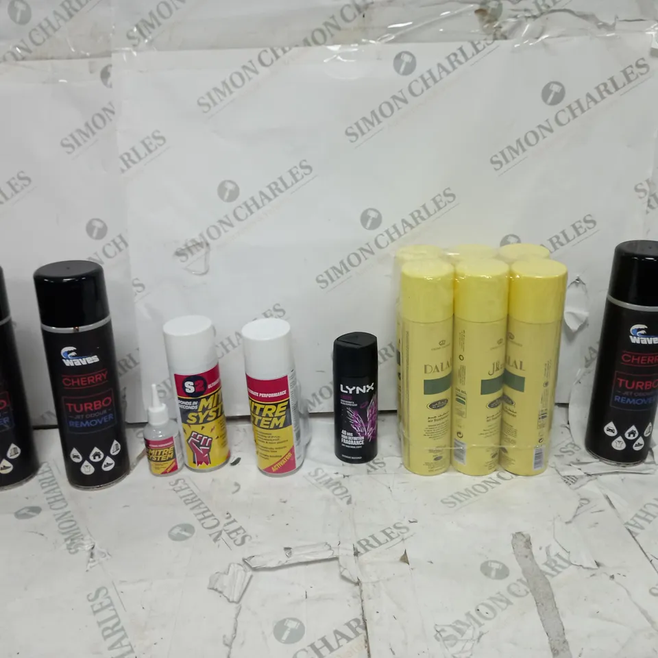 APPROXIMATELY 15 ASSORTED AEROSOLS TO INCLUDE LYNX EXCITE, WAVES CHERRY, AND MITRE SYSTEM ETC. 
