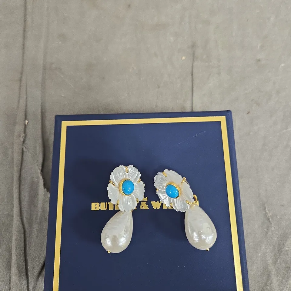 BUTLER & WILSON FLORAL EARRINGS WITH TURQUOISE CABOCHONS AND TEARDROP NACRE DROPS