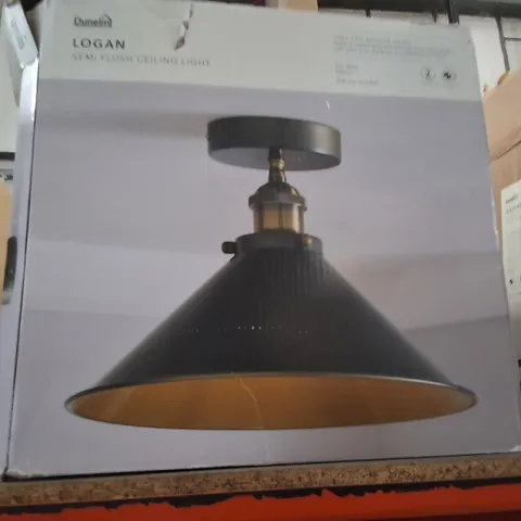 BOXED LOGAN SEMI-FLUSH CEILING LIGHT – BLACK CONE SHADE WITH BRASS FITTINGS