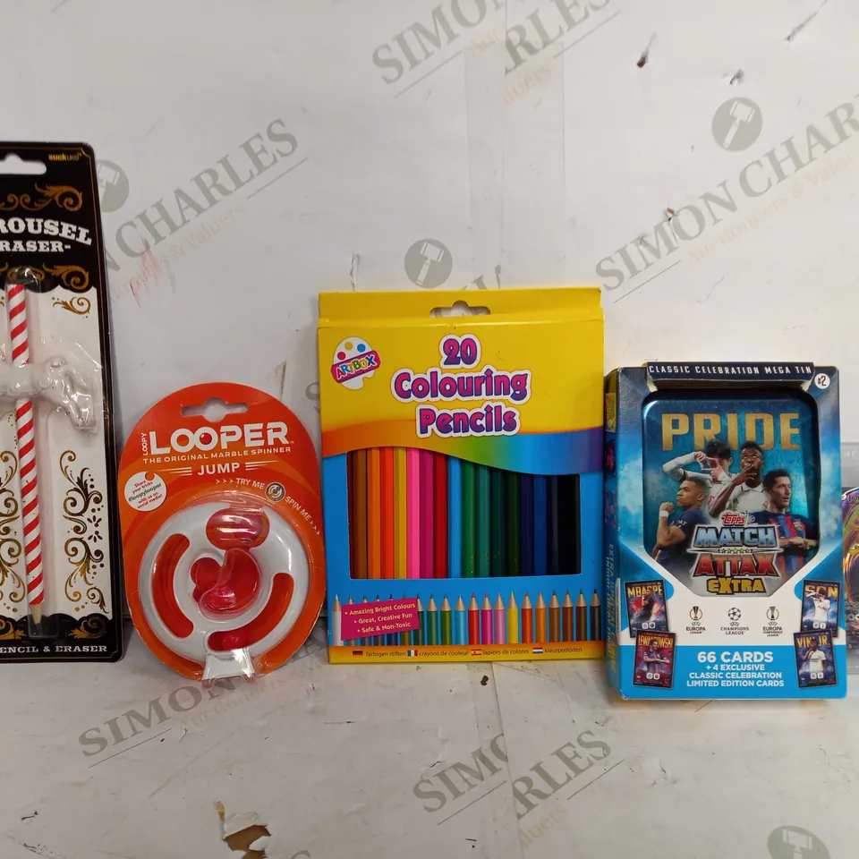 BOX OF APPROX 20 ASSORTED TOYS TO INCLUDE - ARTBOX 20 COLOUR PENCILS - TOPPS MATCH ATTACKS EXTRA - LOOPER THE ORIGINAL MARBLE SPINNER ECT 