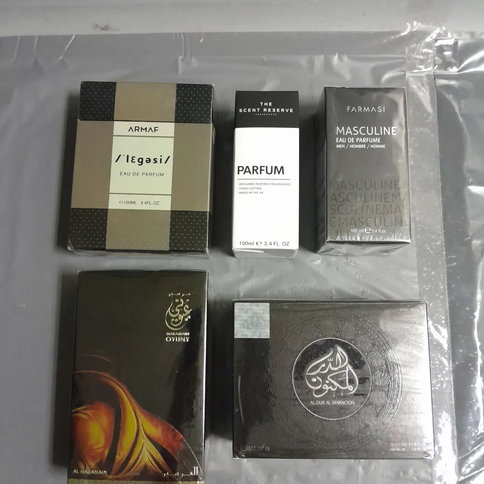 BOX OF APPROXIMATELY 5 ASSORTED BOXED FRAGRANCES TO INCLUDE - LATTAFA AL DUR AL MAKNOON - ARMAF LEGESI - FARMASI MASCULINE - ETC