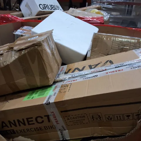 PALLET OF ASSORTED HOUSEHOLD ITEMS AND PRODUCTS TO INCLUDE;GYM BIKE,AIR COOLER,PICTURE FRAME