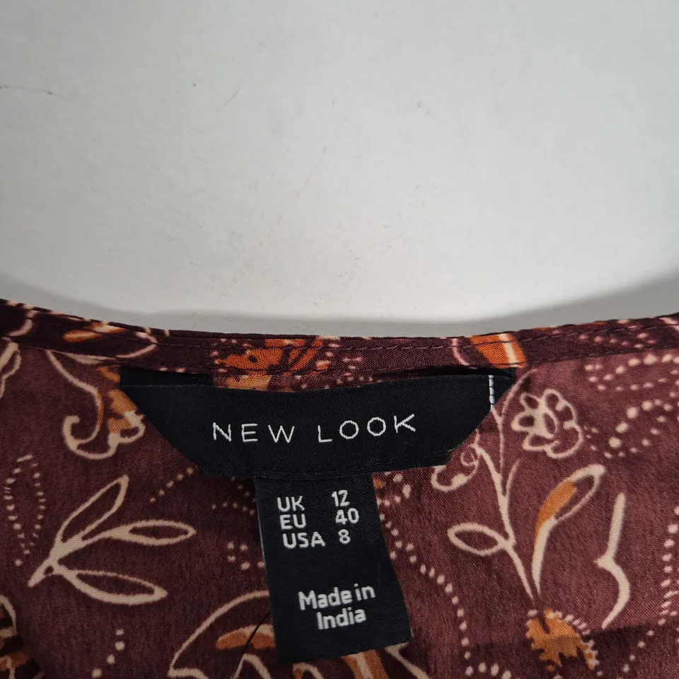NEW LOOK WOMEN'S DRESS – BROWN FLORAL WRAP STYLE, UK 12 (EU 40, USA 8) – MADE IN INDIA