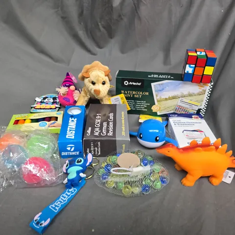 APPROXIMATELY 10 ASSORTED TOYS AND GAMES TO INCLUDE RUBIKS CUBE, REVISON CARDS AND MARBLES