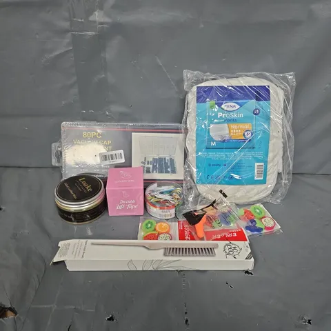 APPROXIMATELY 15 ASSORTED HOUSEHOLD ITEMS TO INCLUDE VACUUM CAP ASSORTMENT, INVISIBLE LIFT TAPE, OILED LEATHER WAX, ETC