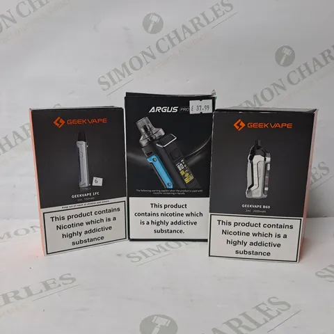 3 ASSORTED E-CIGARETTE PRODUCTS TO INCLUDE GEEKVAPE B60, GEEKVAPE 1FC, ARGUS PRO