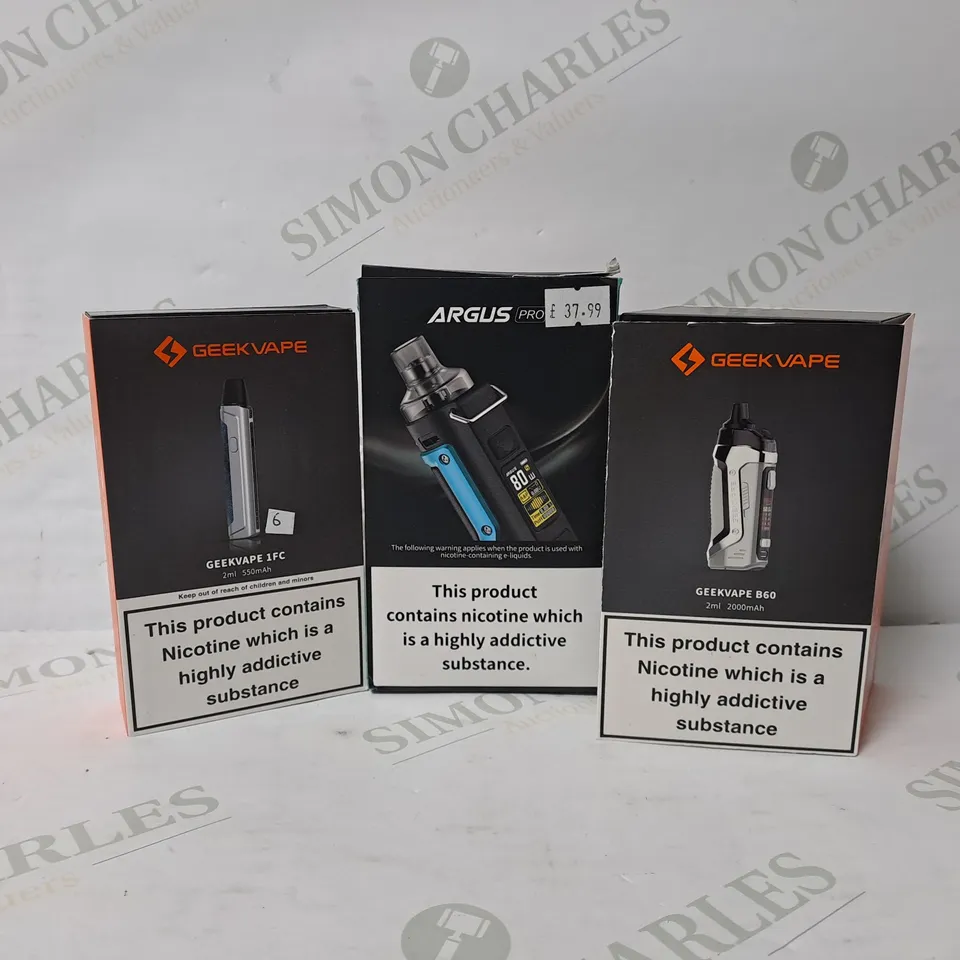 3 ASSORTED E-CIGARETTE PRODUCTS TO INCLUDE GEEKVAPE B60, GEEKVAPE 1FC, ARGUS PRO 