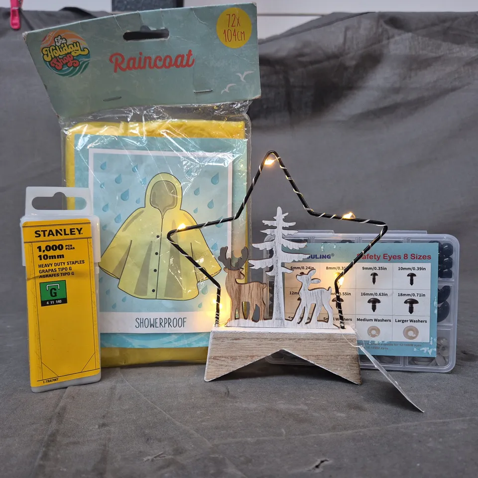 APPROXIMATELY 10 ASSORTED HOUSEHOLD ITEMS TO INCLUDE STANLEY HEAVY DUTY STAPLES, SHOWERPROOF RAIN COAT, ETC