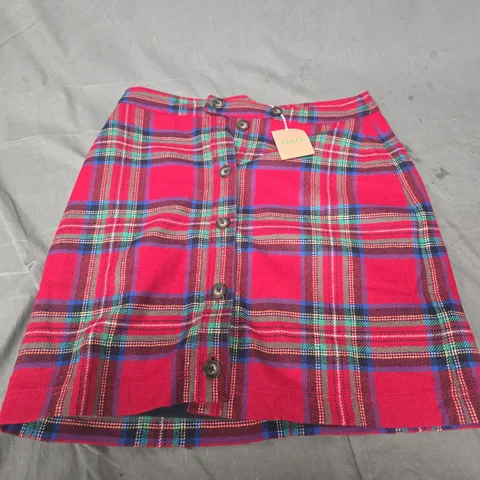 BODEN RED PLAID SKIRT, BUTTON-FRONT, UK 12