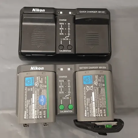 LOT OF 2 2-PORT NIKON BATTERY CHARGERS WITH TWO BATTERIES INCLUDES MH-22 & MH-26A