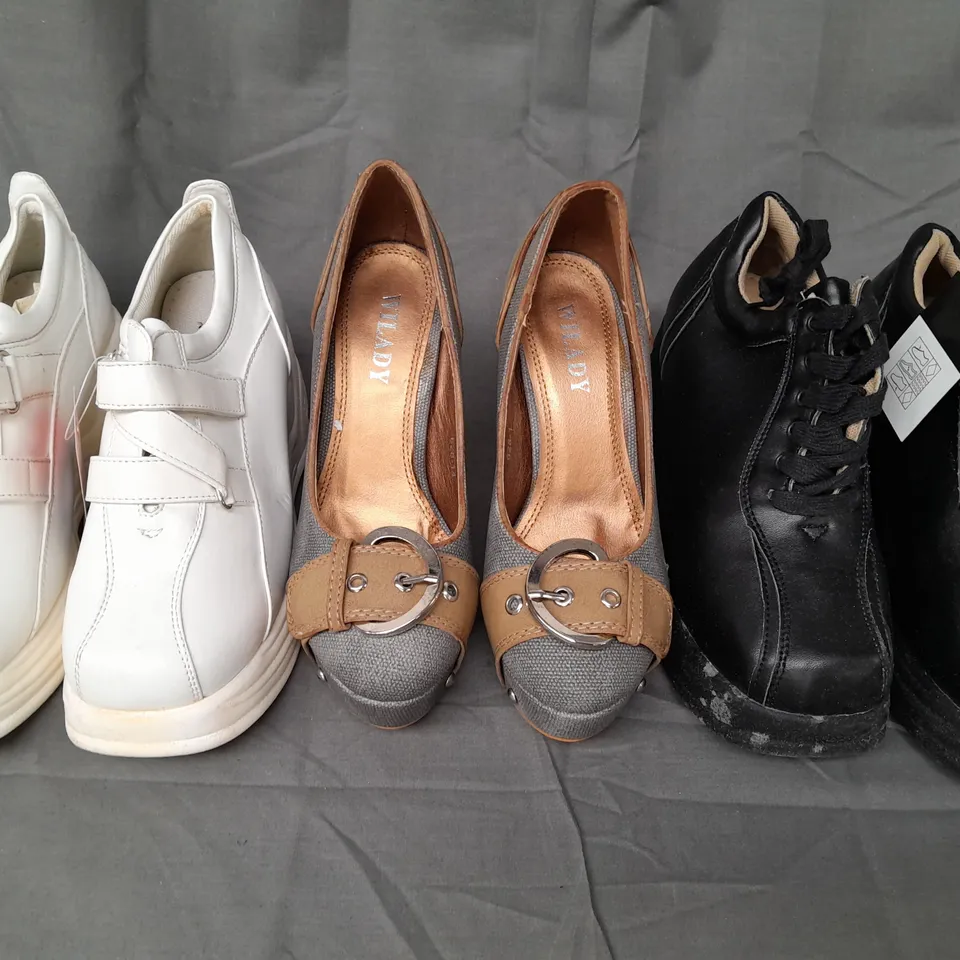 BOX OF APPROXIMATELY 5 ASSORTED PAIRS OF SHOES AND FOOTWEAR ITEMS IN VARIOUS STYLES AND SIZES TO INCLUDE AUROCHS, WILADY, ETC