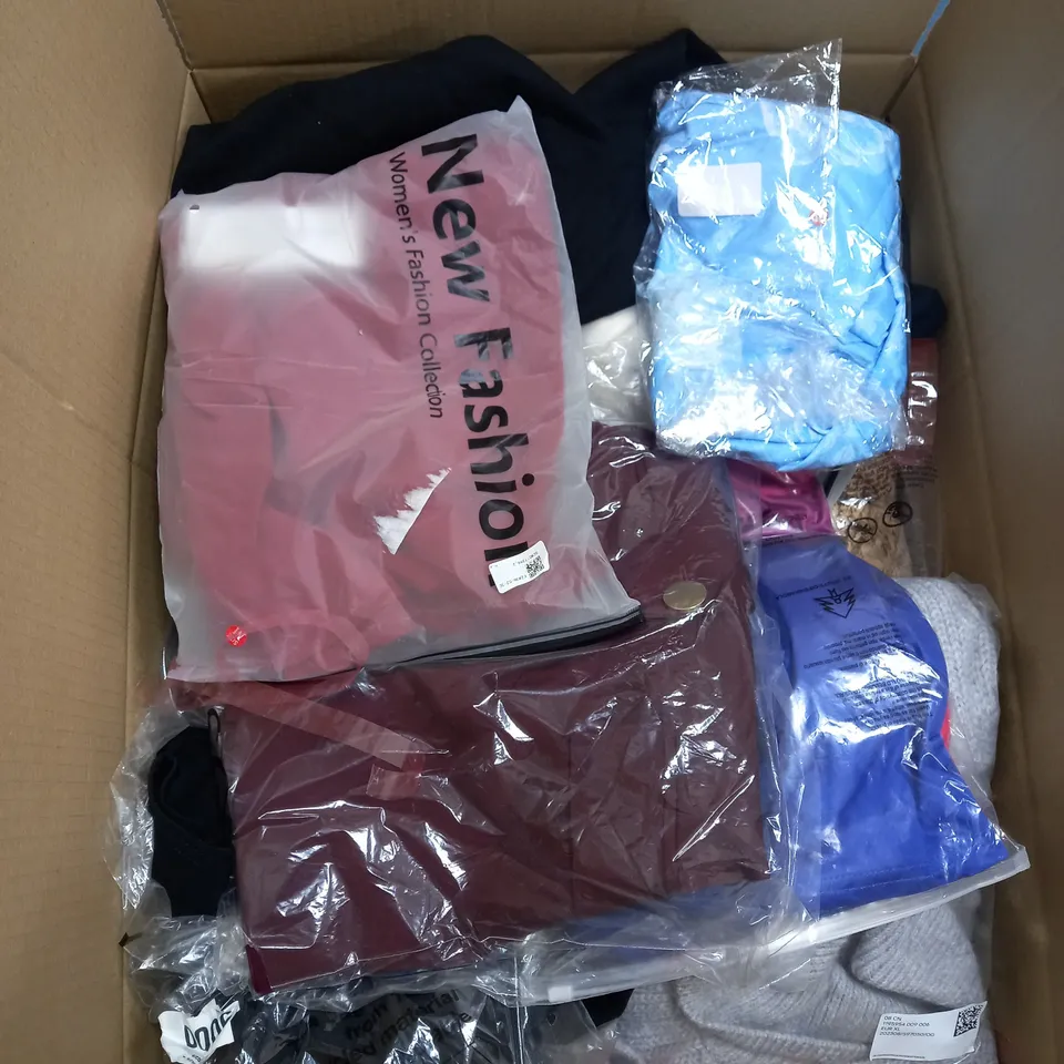 BOX OF ASSORTED CLOTHING ITEMS TOO INCLUDE JUMPERS, SHIRTS AND TROUSERS IN VARIOUS SIZES AND COLOURS   