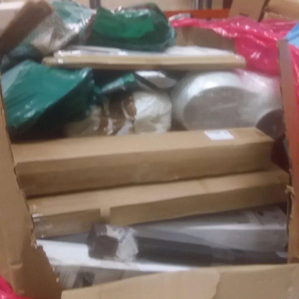 PALLET OF ASSORTED HOUSEHOLD PRODUCTS AND ITEMS, INCLUDING; FOLDING STEP, UNDERSINK WATER FILTRATION SYSTEM, BATHROOM HOOK SHELF UNIT, BOXED FURNITURE ETC