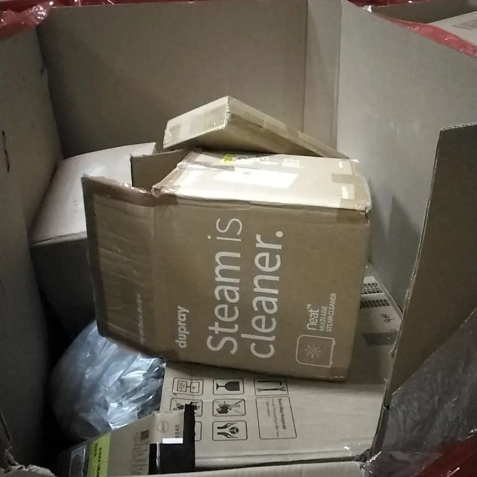 PALLET OF HOUSEHOLD ITEMS TO INCLUDE LED LIGHTING, STEAM CLEANER, PLANT POT, BED ASSIST RAIL, STAKE LIGHTS AND OTHER ASSORTED ITEMS...