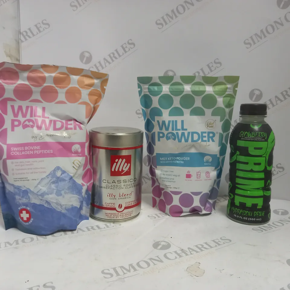 BOX OF APPROX 11 ASSORTED FOOD ITEMS TO INCLUDE - PRIME GLOWBERRY - WILL POWER MCT KETO POWDER - ILLY CLASSICO COFFEE ECT