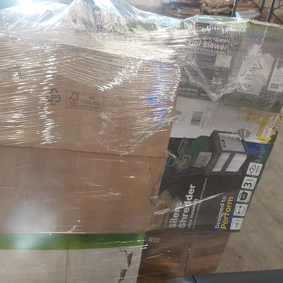 PALLET CONTAINING A VERY LARGE QUANTITY OF ASSORTED BOXED LAWN MOWERS AND OTHER ELECTRIC GARDEN TOOLS INCLUDING: SILENT SHREDDER, AXIAL BLOWER, CHAINSAW ECT