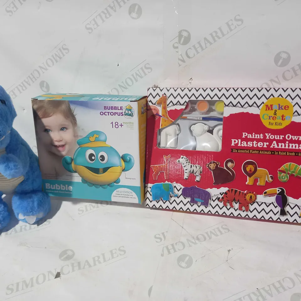 BOX OF APPROXIMATELY 5 ASSORTED TOYS AND GAMES TO INCLUDE MAKE & CREATE PAINT YOUR OWN PLASTER ANIMALS, BUBBLE OCTOPUS CHILDREN BATH GOOD PARTNERS, WITH SNUGGLES SOFT PLUSH DINOSAUR IN BLUE, ETC