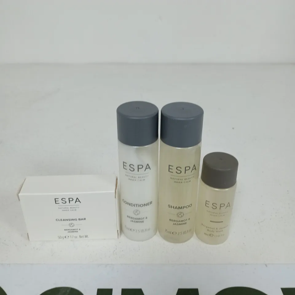 ESPA NATURAL BEAUTY TRAVEL SET: CLEANSING BAR, SHAMPOO, CONDITIONER & BODY WASH (BERGAMOT & JASMINE)
