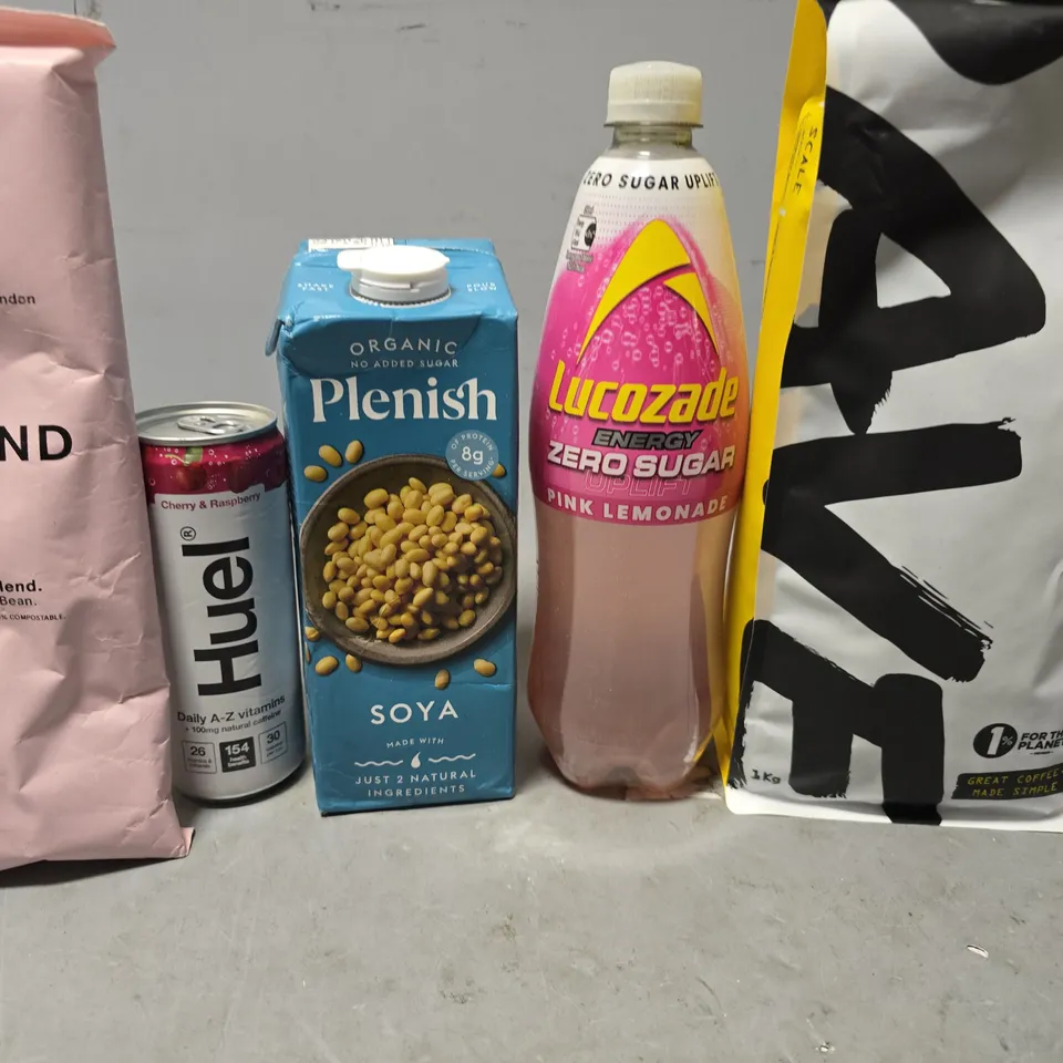 APPROXIMATELY 9 ASSORTED FOOD & DRINK ITEMS TO INCLUDE - PLENISHA SOYA , GRIND DARK BLEND , RAVE SWISS WATER DECAF BLEND ETC
