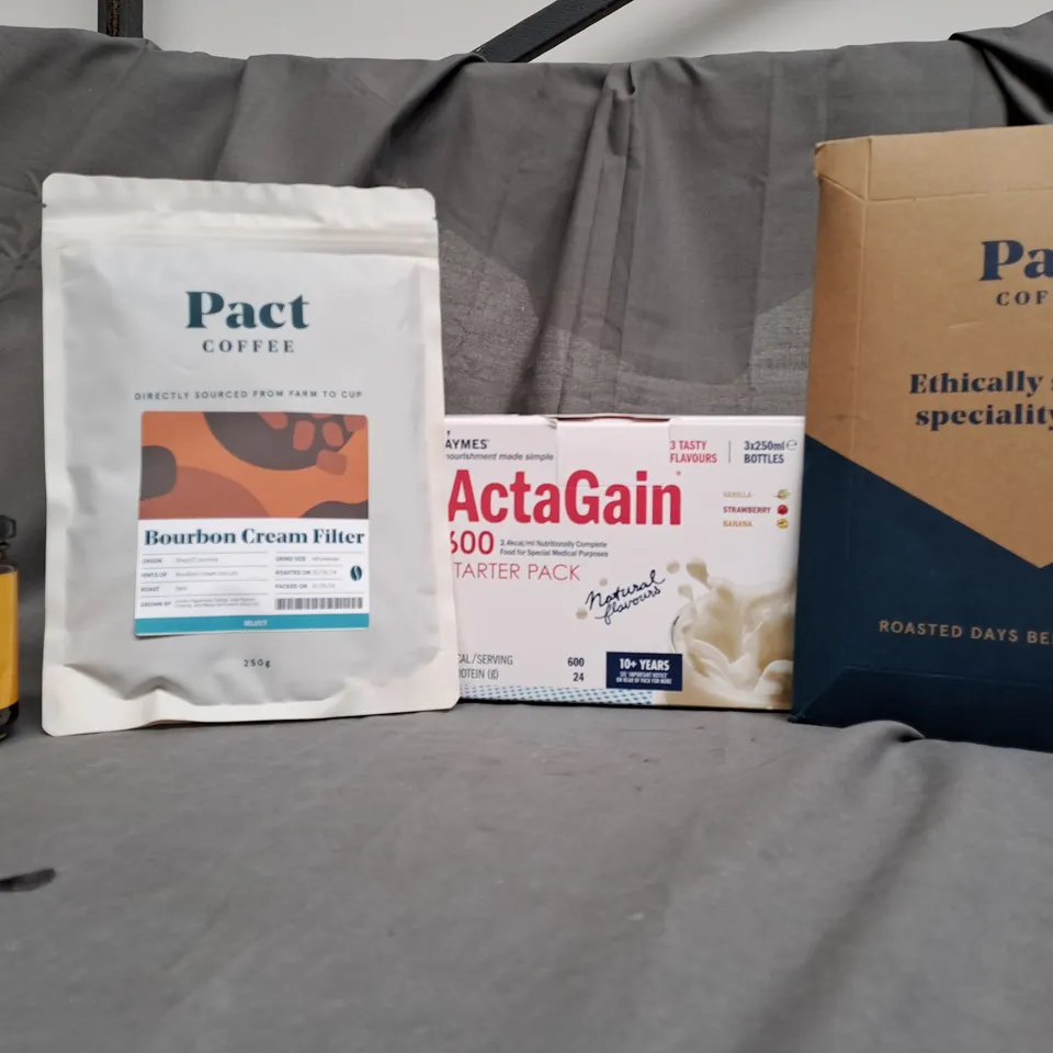 TOTE OF APPROX 8 ASSORTED FOOD ITEMS TO INCLUDE - PACT COFFEE , ACTAGAIN , SRSLY SWEET PICKLE ETC