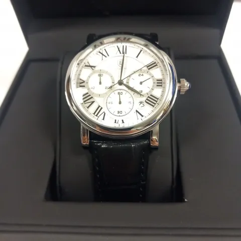 MENS LOUIS LACOMBE CHRONOGRAPH WATCH – MULTI FUNCTION DIAL WITH DATE – ROMAN NUMERAL DIAL – LEATHER STRAP – GIFT BOX – EST £420