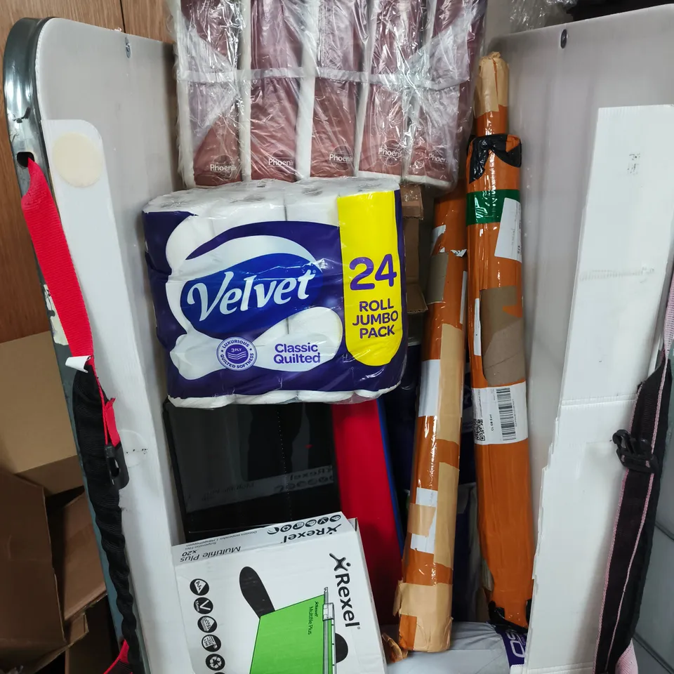 CAGE OF APPROXIMATELY 12 ASSORTED HOUSEHOLD ITEMS INCLUDING REXEL FILES , VELVET 24 PACK TOILET ROLL AND CHRISTMAS WREATH