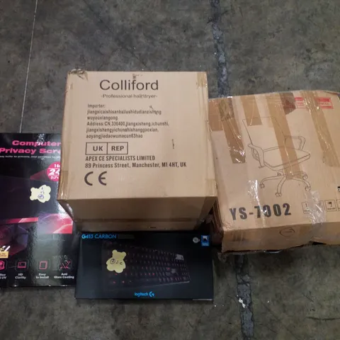 PALLET OF ASSORTED PRODUCTS INCLUDING COMPUTER PRIVACY SCREEN, PROFESSIONAL HAIR DRYER, KEYBOARD, OFFICE CHAIR 