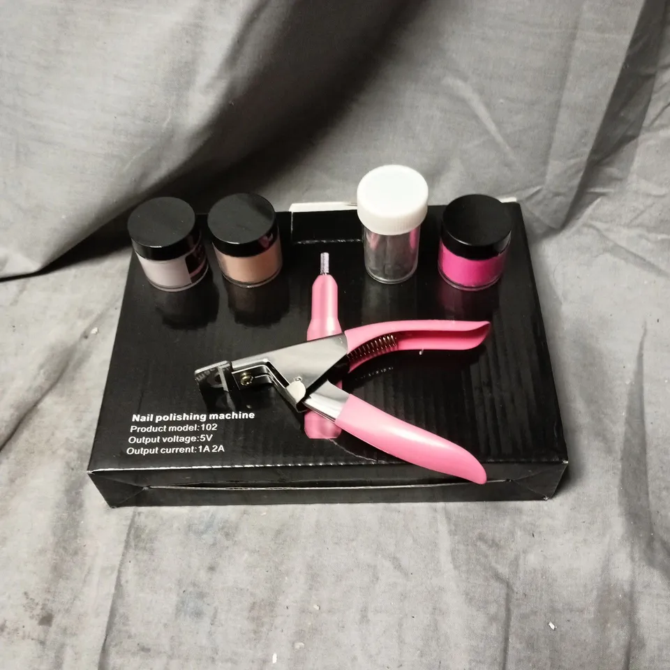 BOX OF APPROXIMATELY 25 ASSORTED NAIL CARE PRODUCTS INCLUDING POLISHING MACHINE, NAIL LAMP AND VARIOUS POWDERS/NAILS