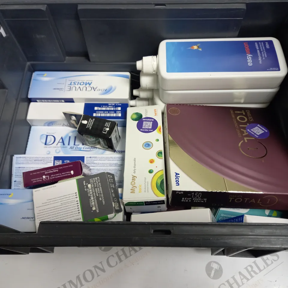 BOXED LOT TO CONTAIN APPROX. 35 X ASSORTED VISION CARE PRODUCTS. INCLUDES PACKS OF CONTACT LENSES & CONTACT LENSE CLEANING SOLUTION. BRANDS VARY - COLLECTION ONLY