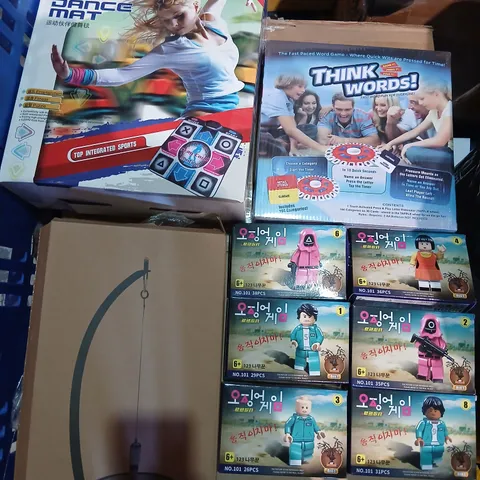 PALLET OF ASSORTED PRODUCTS TO INCLUDE; MOTION PARTNER DANCE MAT, THINK WORDS BOARD GAME AND COLLECTABLES FIGURINES