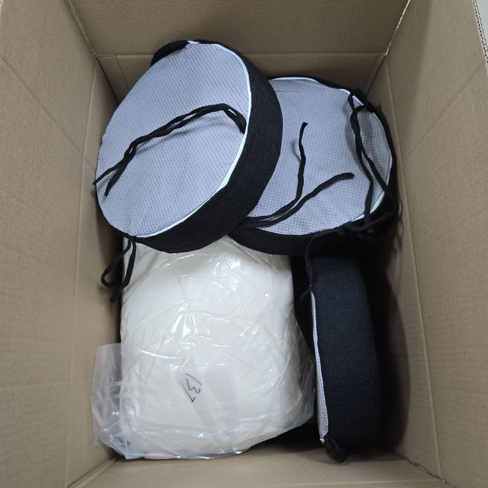 BOX OF APPROXIMATELY 8 ASSORTED ITEMS TO INCLUDE: CHAIR CUSHION