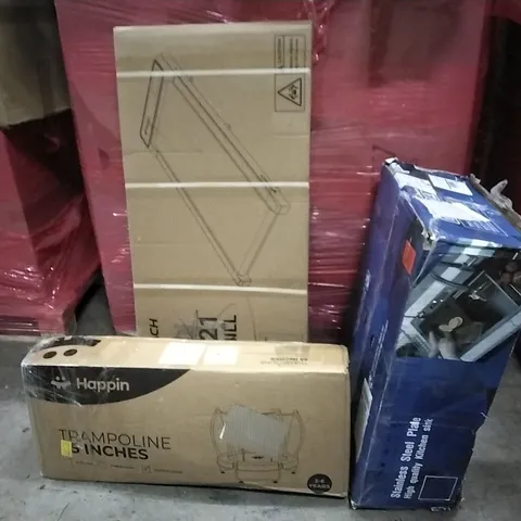 PALLET OF ASSORTED PRODUCTS AND HOUSEHOLD GOODS TO INCLUDE;TRAMPOLINE,TREADMILL,STAINLESS STEEL PLATE