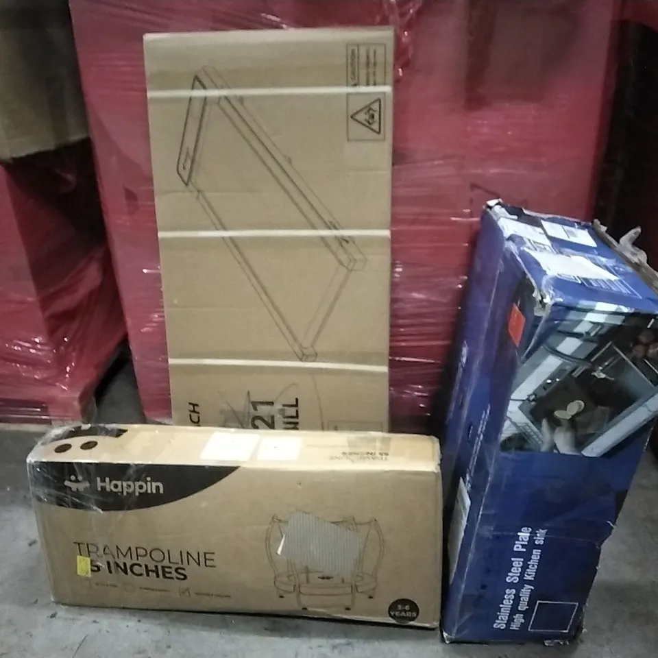 PALLET OF ASSORTED PRODUCTS AND HOUSEHOLD GOODS TO INCLUDE;TRAMPOLINE,TREADMILL,STAINLESS STEEL PLATE
