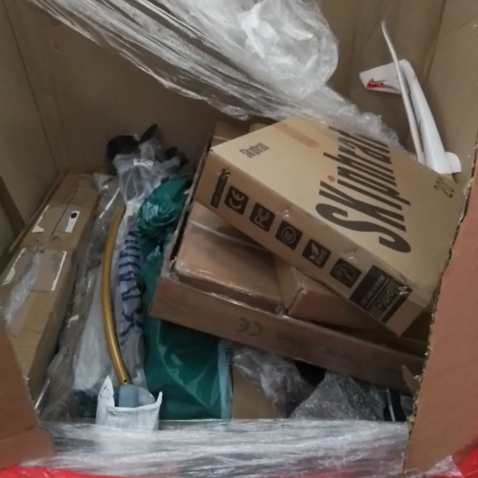 PALLET CONTAINING HOME IMPROVEMENT AND HOUSEHOLD PRODUCTS. INCLUDES CRUTCHES, DUMBELL BENCH, DESK CHAIR, SEAT, SURFING ACCESSORY ETC 