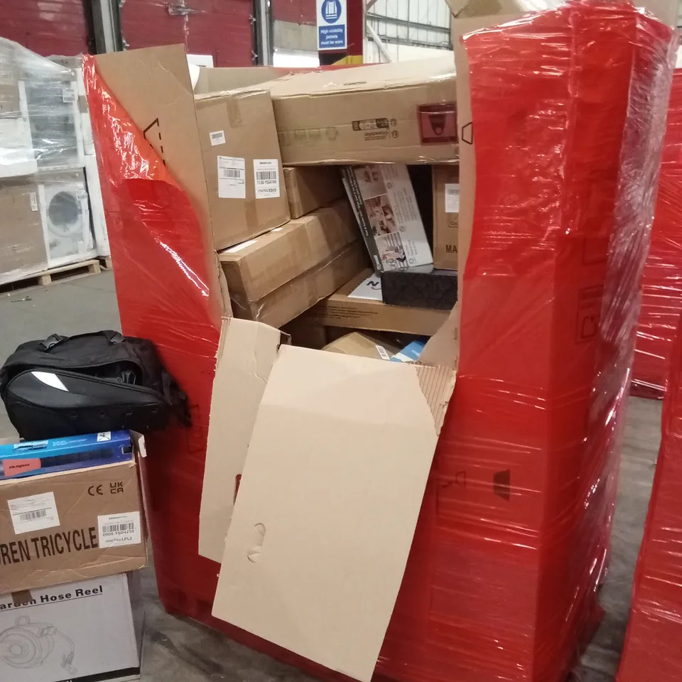 PALLET OF ASSORTED HOUSEHOLD GOODS AND PRODUCTS TO INCLUDE; KIDS SCOOTER AND TRICYCLE, STEERING LOCK, BACKPACK, GARDEN HOSE REEL ETC