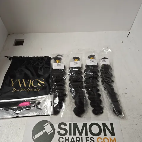 YWIGS HAIR EXTENSIONS – 4 X BLACK WEFT BUNDLES WITH DRAWSTRING POUCH