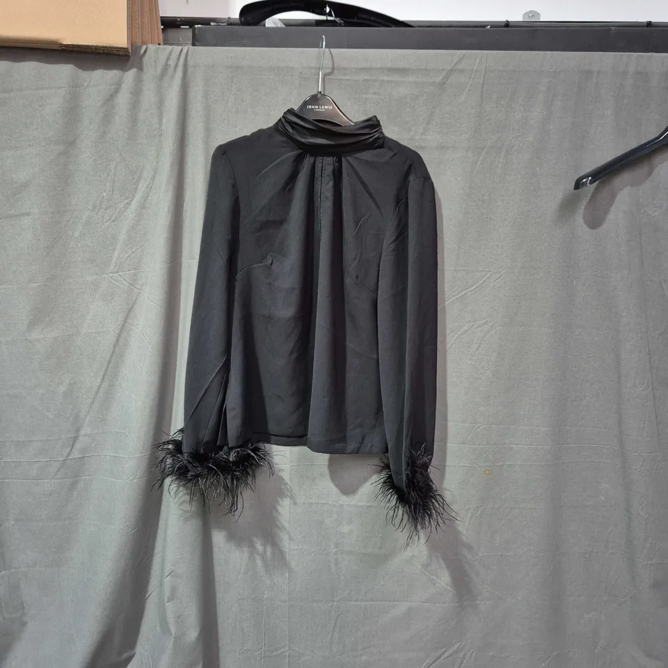 MONSOON BLACK COAT WITH FEATHERED CUFFS – UK 12 (EU 40, US 8)