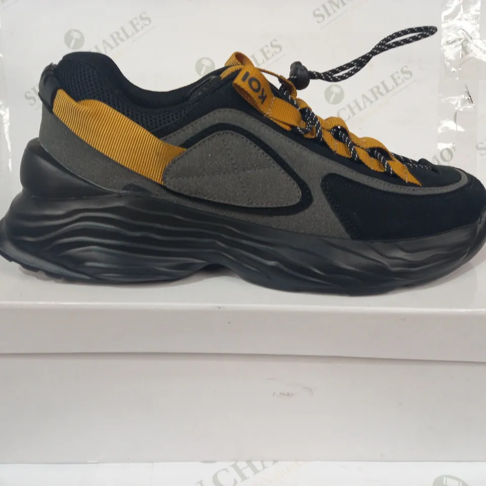 BOXED PAIR OF KOI VEGAN TRAINERS IN BLACK/GREY/YELLOW SIZE UNSPECIFIED