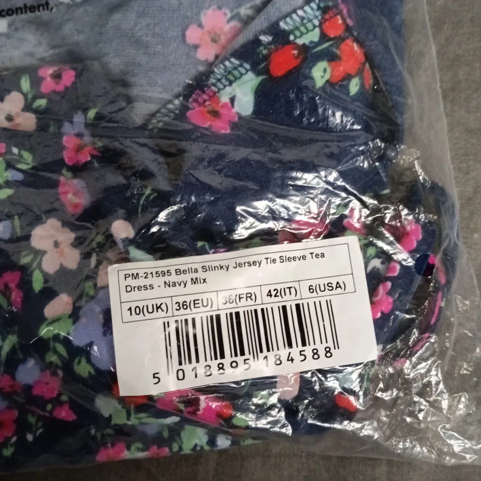 BAGGED POUR MOI BELLA SLINKY JERSEY TIE SLEEVE TEA DRESS – NAVY MIX, UK 10