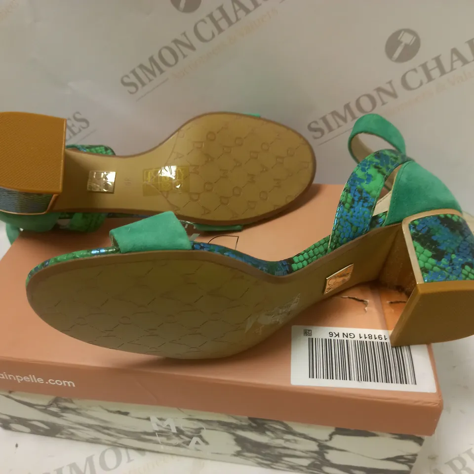 BOXED OREENA GREEN SUEDE HEELS - SIZE 6
