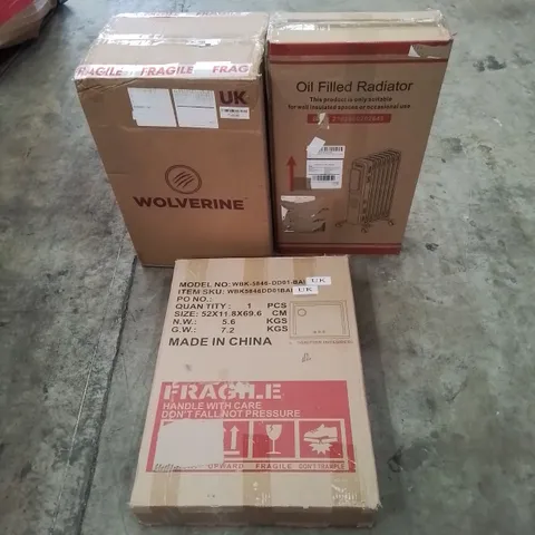 PALLET OF ASSORTED HOUSEHOLD GOODS AND PRODUCTS TO INCLUDE; WOLVERINE CROSS CUT PAPER SHREDDER, OIL FILLED RADIATOR, INDUCTION HOB, BOXED FURNITURE ETC