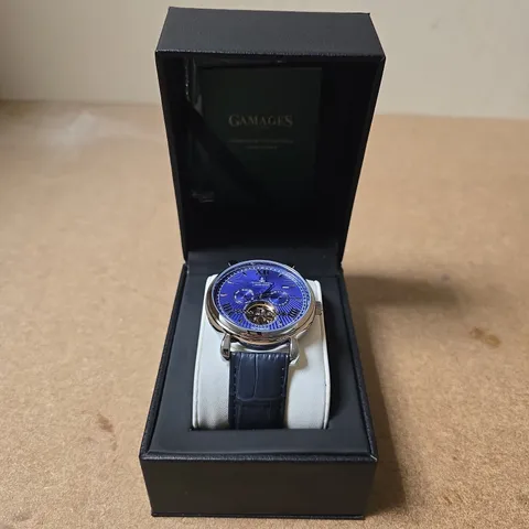 BOXED SAMUEL JOSEPH AUTOMATIC LIMITED EDITION SILVER WATCH WITH BLUE DIAL